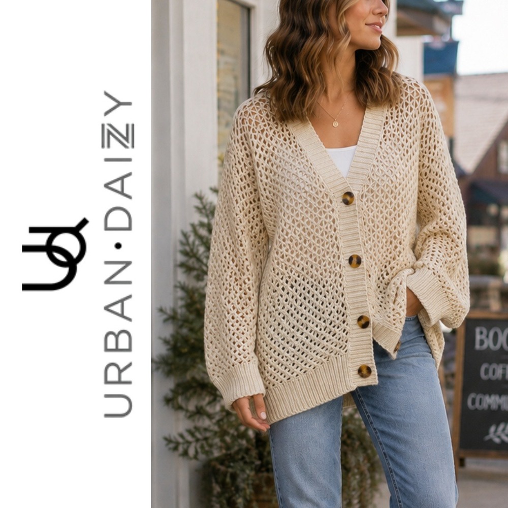 Urban Daizy, Oversized Open Knit Crochet Cardigan V-Neck Button Frontβ Sweater